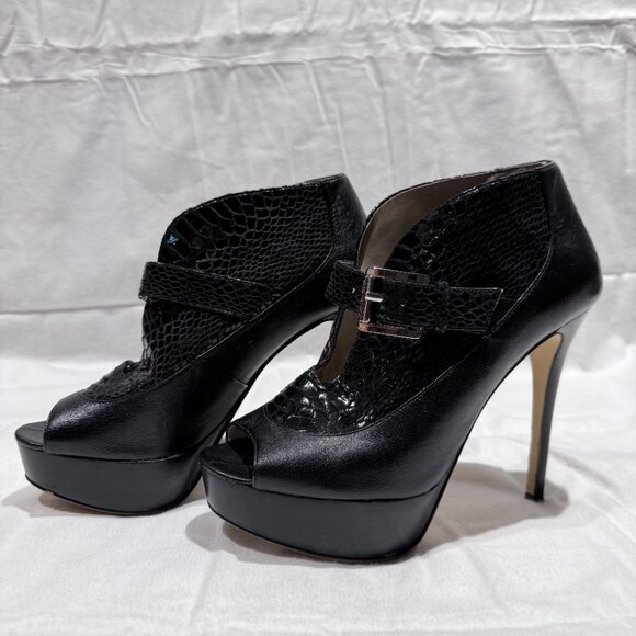 Michael Kors Peep Toe Booties Size 7 Black Leather Snakeskin Platform Heels - Picture 1 of 6